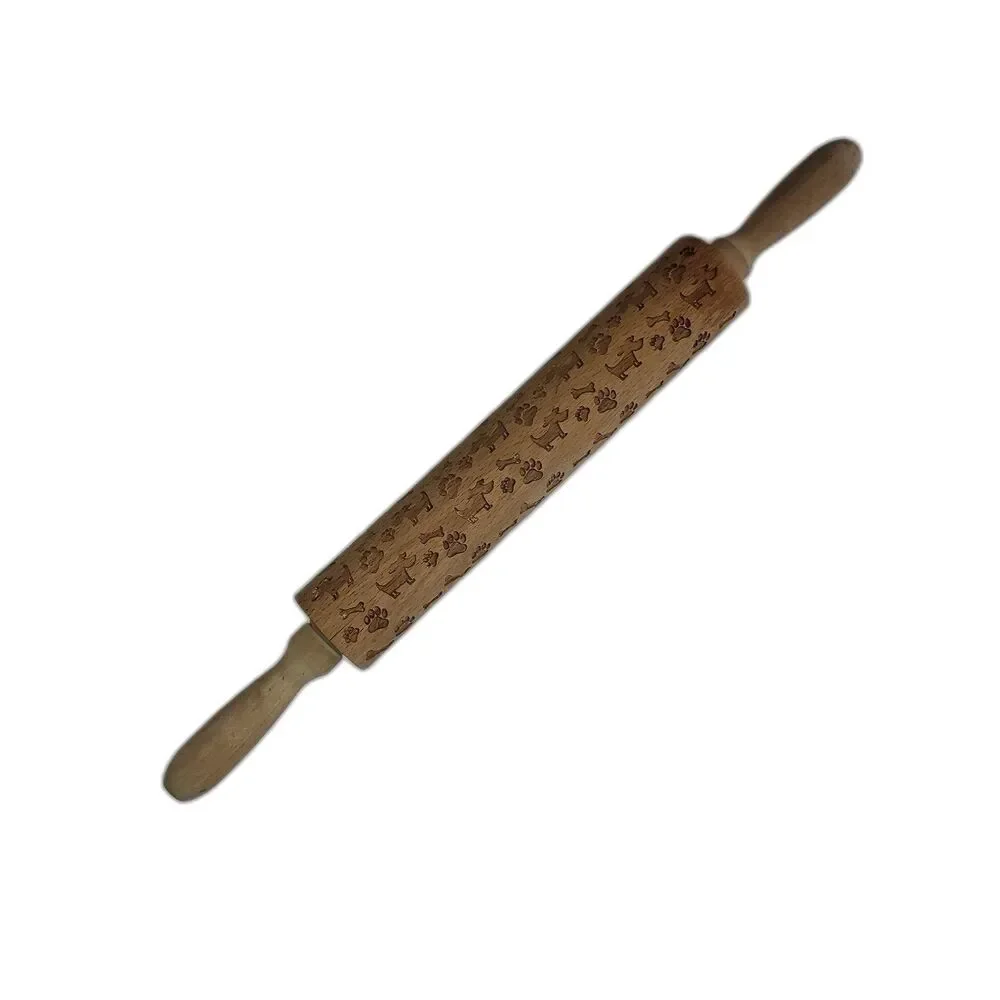 Wooden Rolling Pin Embossed with Dogs and Animal Paw Prints
